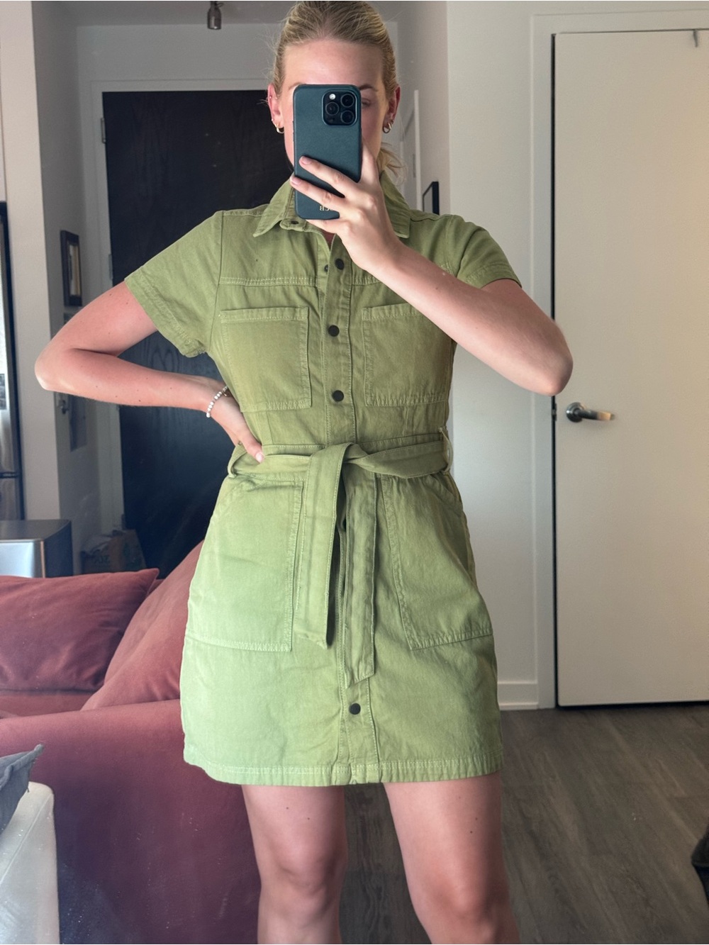 Cotton On Olive Green Short Sleeve Shirt Mini Dress with Tie